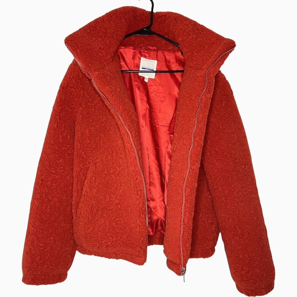 Avec Les Filles Womens Jacket Medium Red Textured Sherpa High Collar Full Zip - Picture 3 of 16